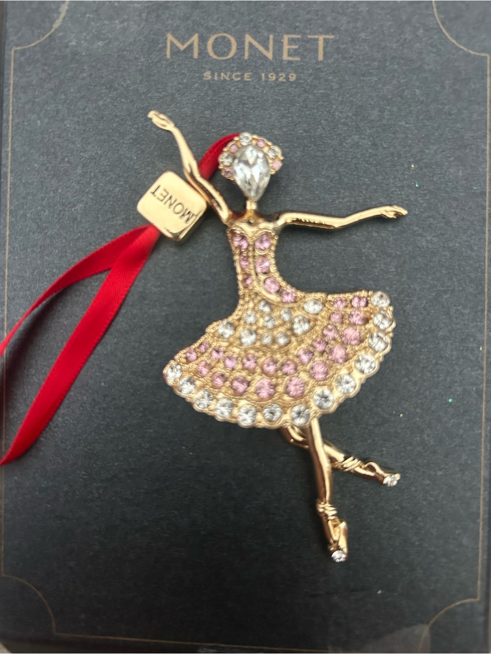 Monet Gold Ballerina ornament with Pink and Clear Crystals